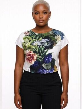 Marina Rinaldi White Short Sleeve Top with Multicolor Floral Print